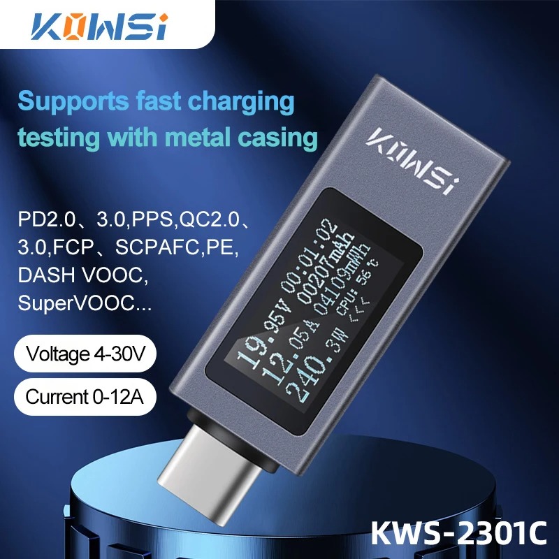 Battery Monitor Coulometer - Type-C 電流電圧モニター KWS-2301C DC 4-30V 0-12A