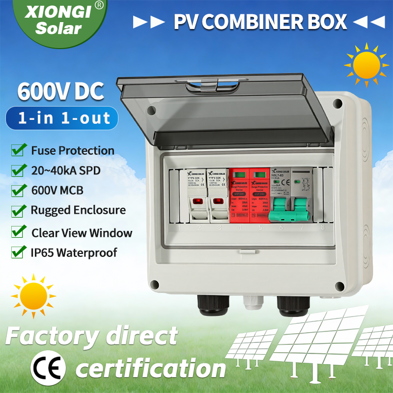 Solar Combiner Box - 1個入り 太陽光発電用PV DCコンバイナーボックス、サージ保護、雷保護機能付き。1入力1出力、DC 600V、ヒューズ、MCB、SPD、DB、防水ボックス、IP65。