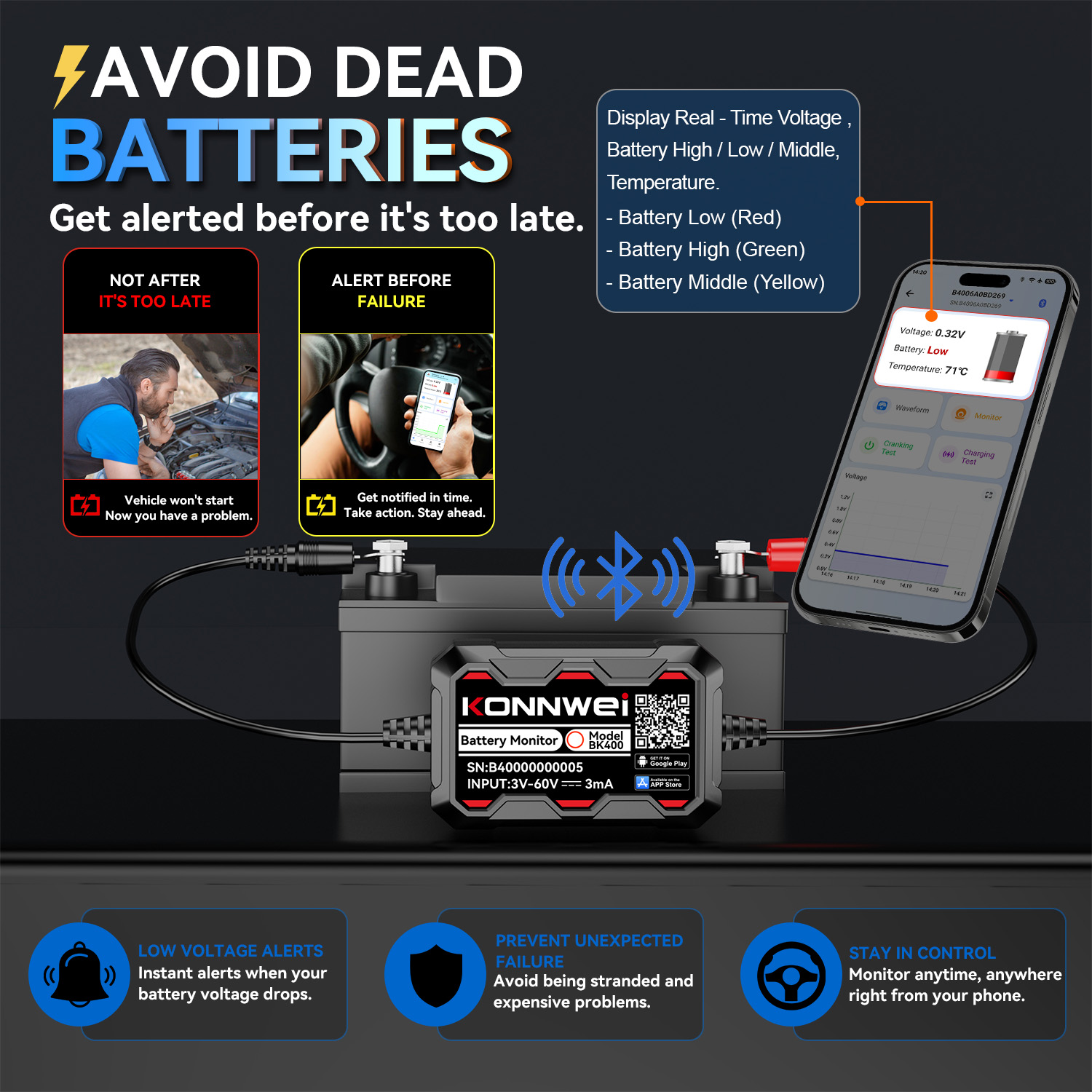 KONNWEI BK400 Bluetooth 5.2 車用 - Battery Monitor Coulometer のレビューと価格