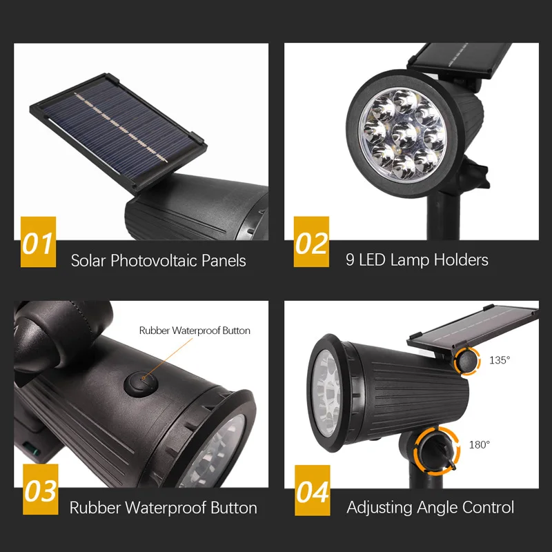 1/2個入りソーラーランドスケープライト 9LED調整可能  - Waterproof Junction Box Solar のレビューと価格
